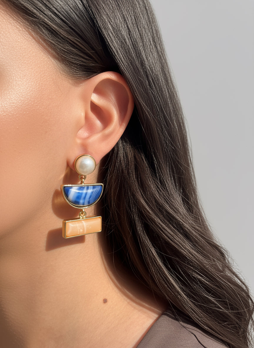 Mavi Kahve Renk Şık Tasarım Küpe